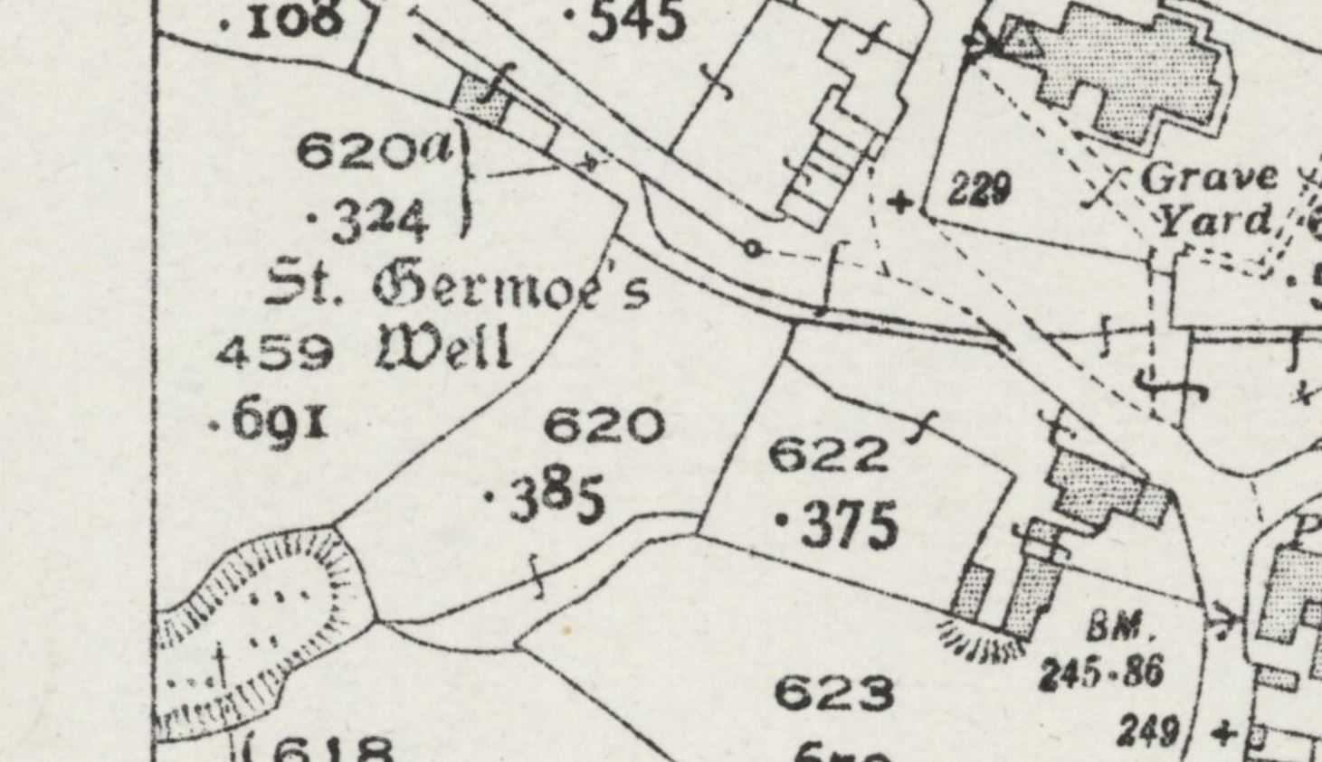 A map showing several buildings, a church, and a well