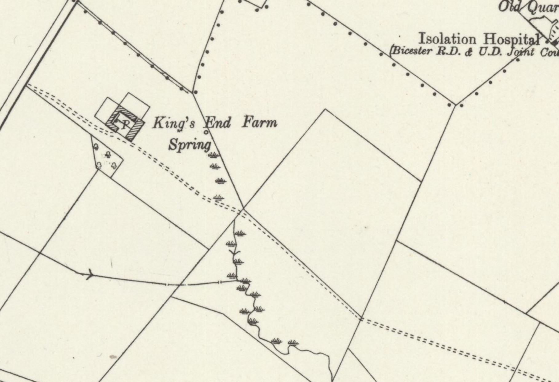 An old map showing a spring to the right of a large farmhouse and to the left of an asylum, just north of a pubic footpath